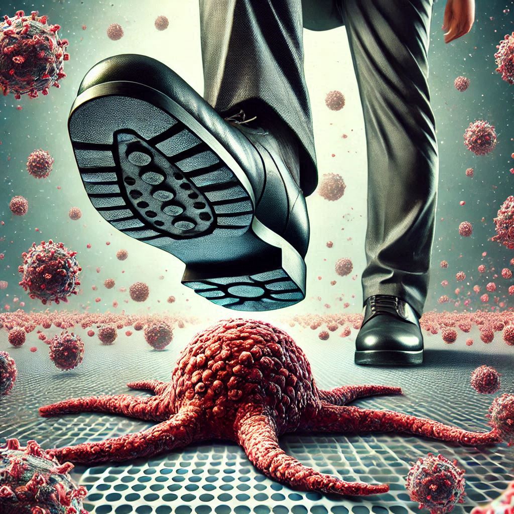 A professor viewed from the ground looking up at the foot treading down, stepping on a cancer cell representing killing cancer. A professor viewed from the ground looking up at the foot treading down, stepping on a cancer cell representing killing cancer.